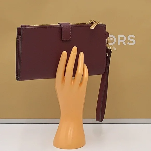MICHAEL KORS LG DOUBLE ZIP WRISTLET DARK CHERRY MERLOT MULBERRY PHONE CASE NWT - Picture 2 of 16